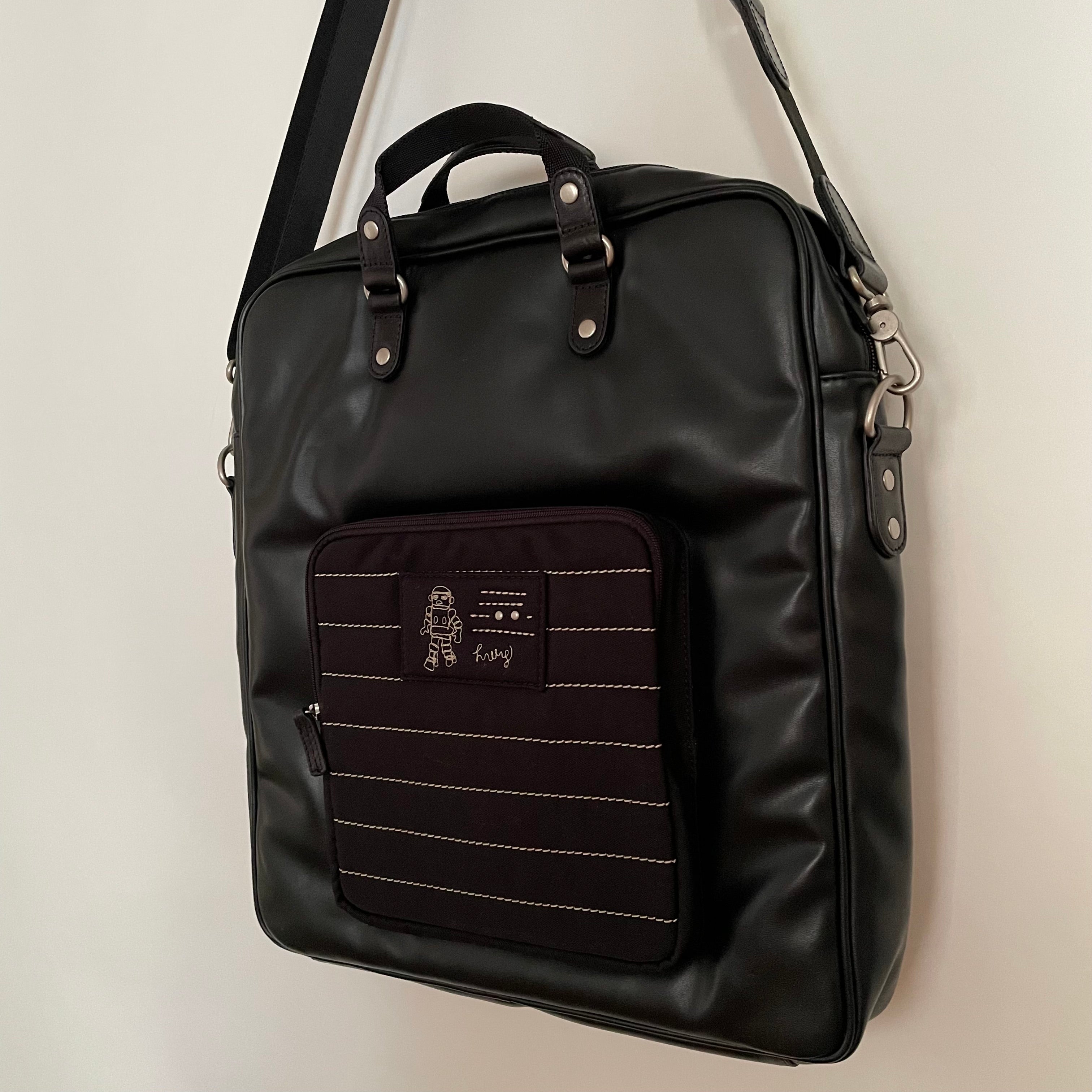 Premium Collection | Tall Vegan Leather x Nylon x Leather Handles Briefcase with Stripe Stitch Accents | Black x White